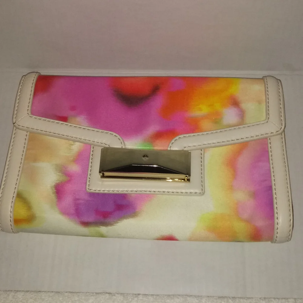 KATE SPADE MULTI COLOR SATIN CLUTCH WITH LEATHER TRIM - Picture 9 of 13